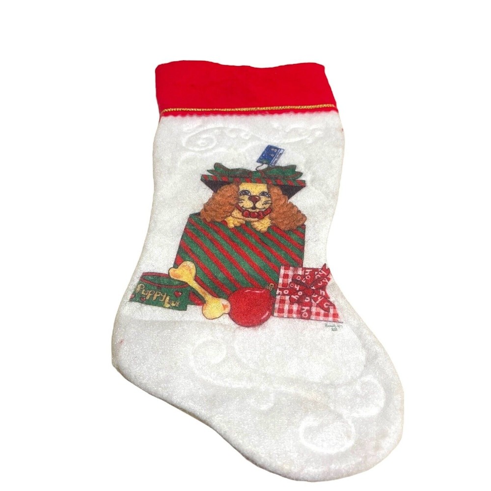Vintage "PUPPY LOVE" DOG Christmas Stocking Felt SPANIEL Present 17" READ